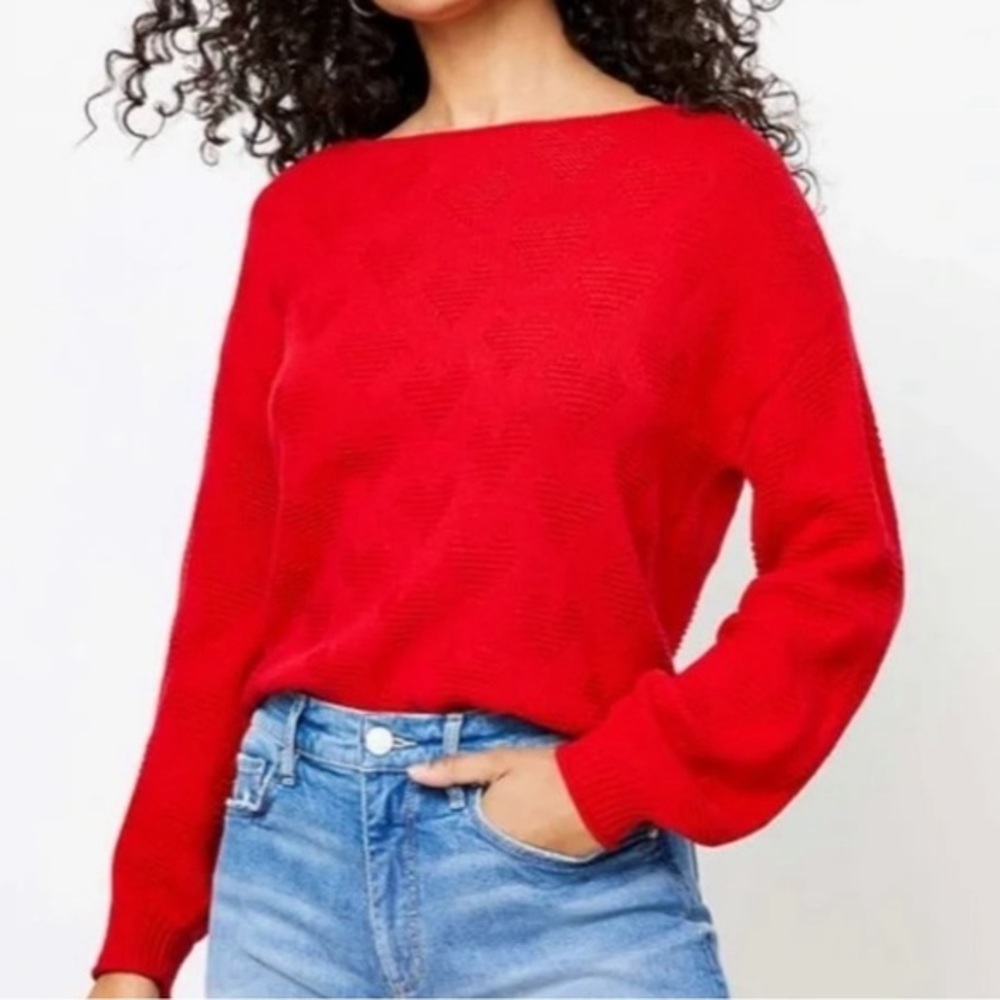 Loft red heart print bateau neck sweater balloon long sleeve cotton blend Sz XS